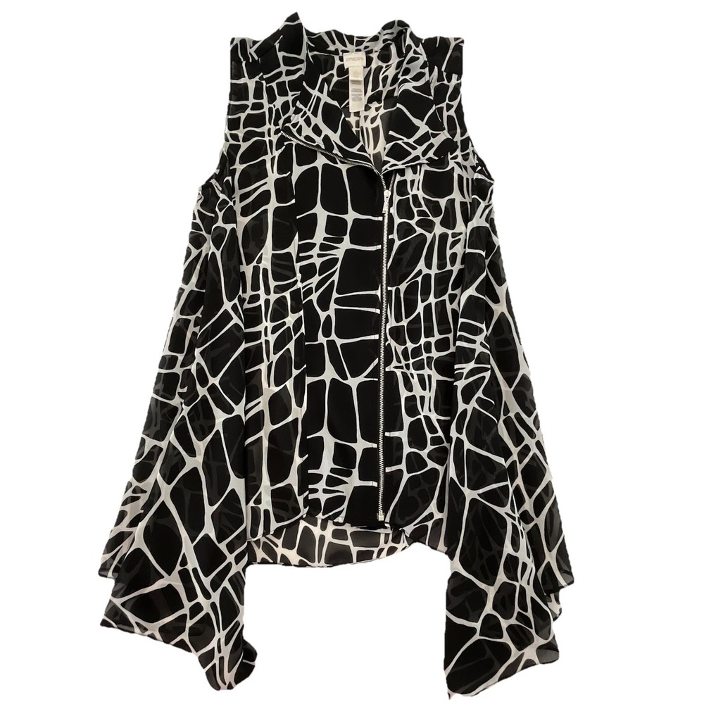 Chico's Sleeveless Blouse Abstract Print Black White Size 1 Sheer‎ Top - Picture 2 of 8